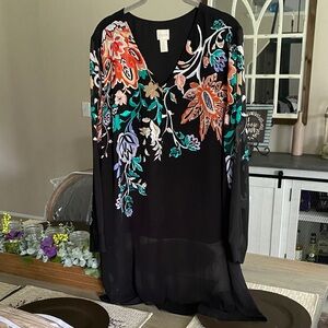 Chico's Black Sheer Blouse with Floral Accents